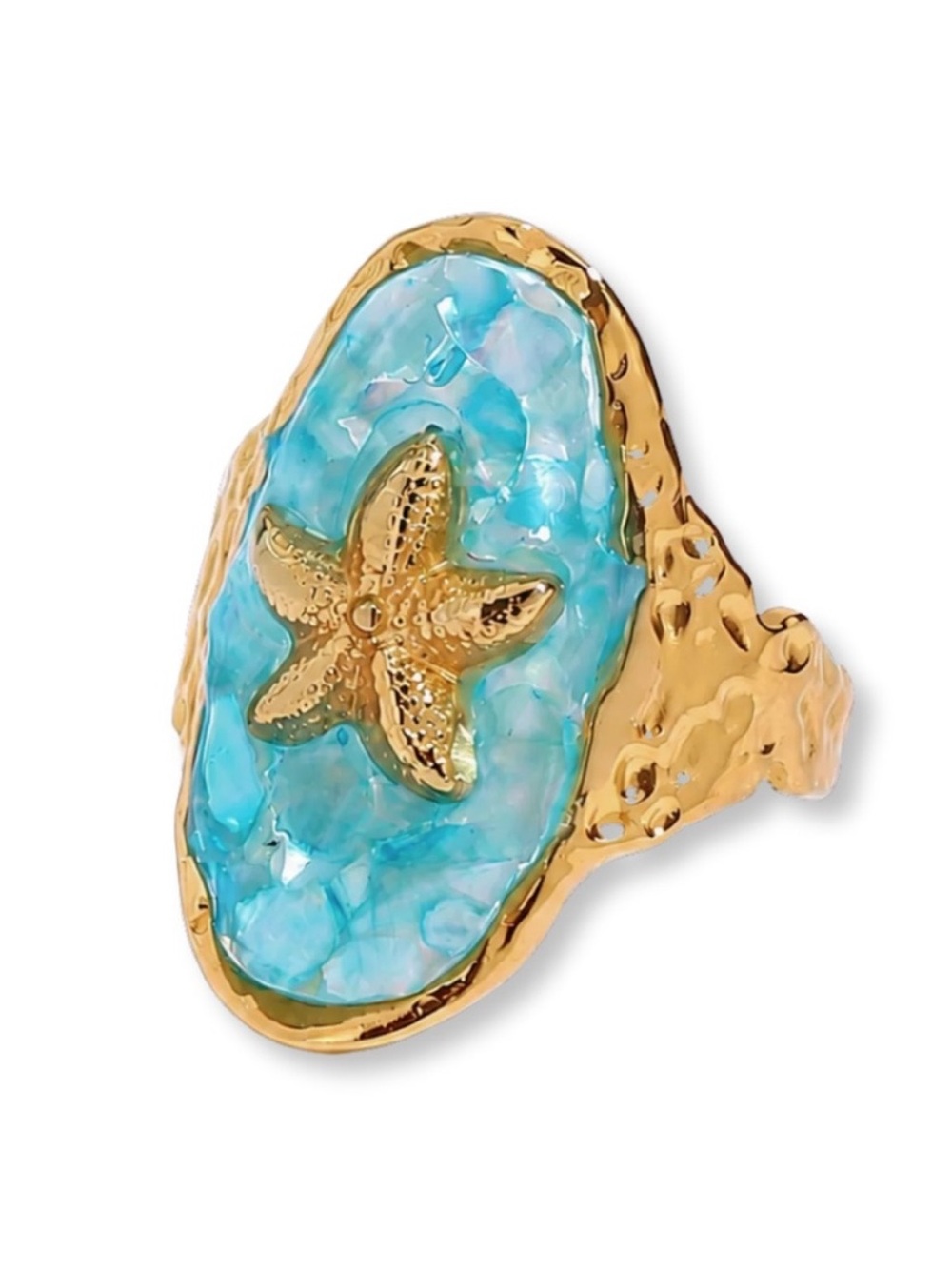 Gold Starfish Adjustable Ring with Turquoise Crushed Shell